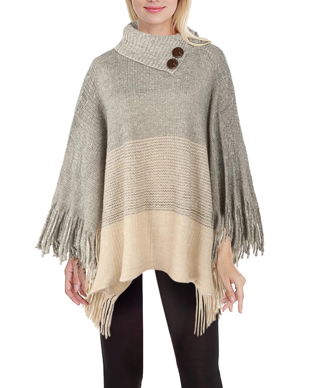 JFAN Poncho Donna Invernale Mantella Donna Poncio Invernali Caldo Elegante con Frange a Collo Alto con Maniche Bottoni