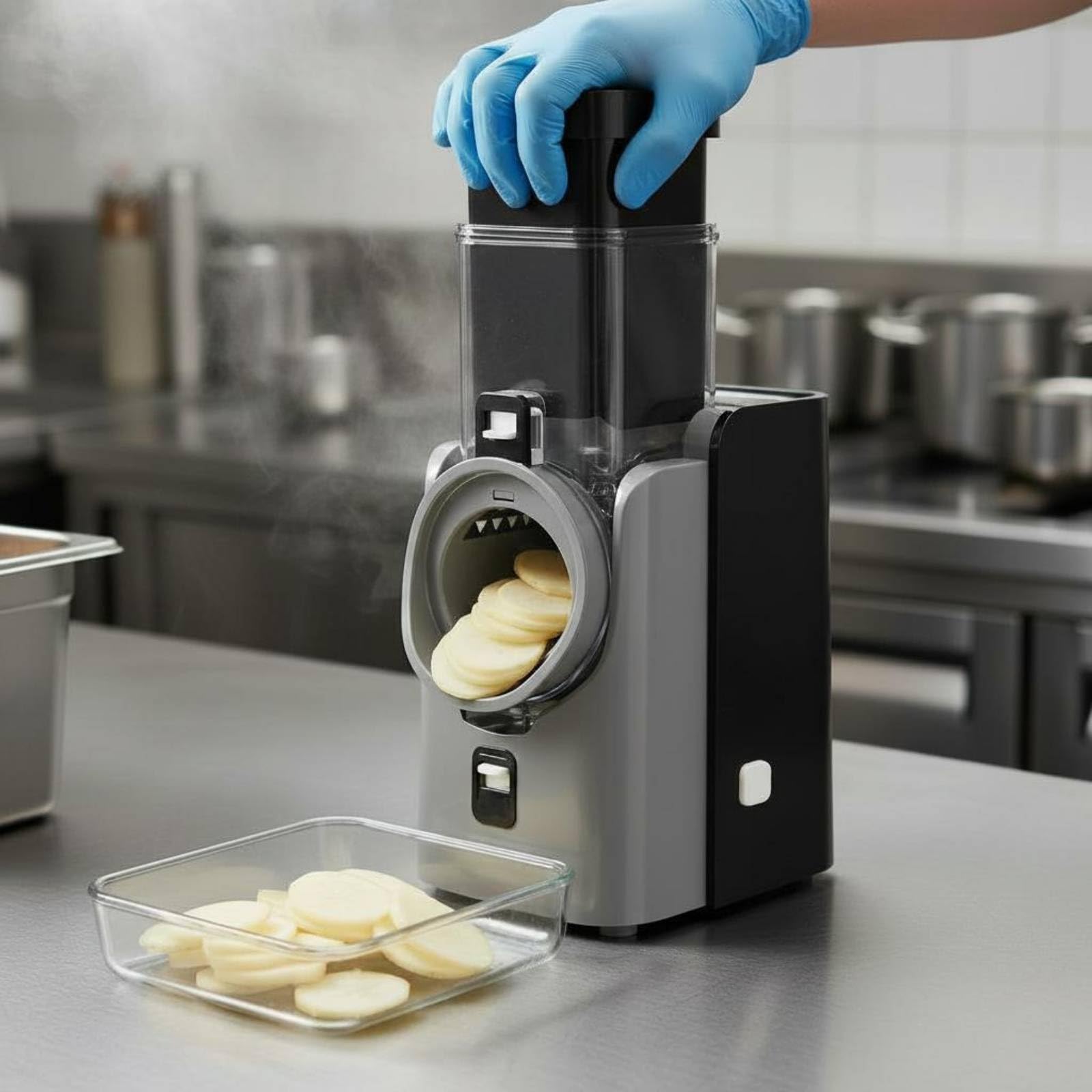 Tagliaverdure Elettrico Multifunzione Affettatrice Tritatutto Utensile Cucina in Acciaio Inox 304 con Intercambiabili per Cubettare Affettare Filare