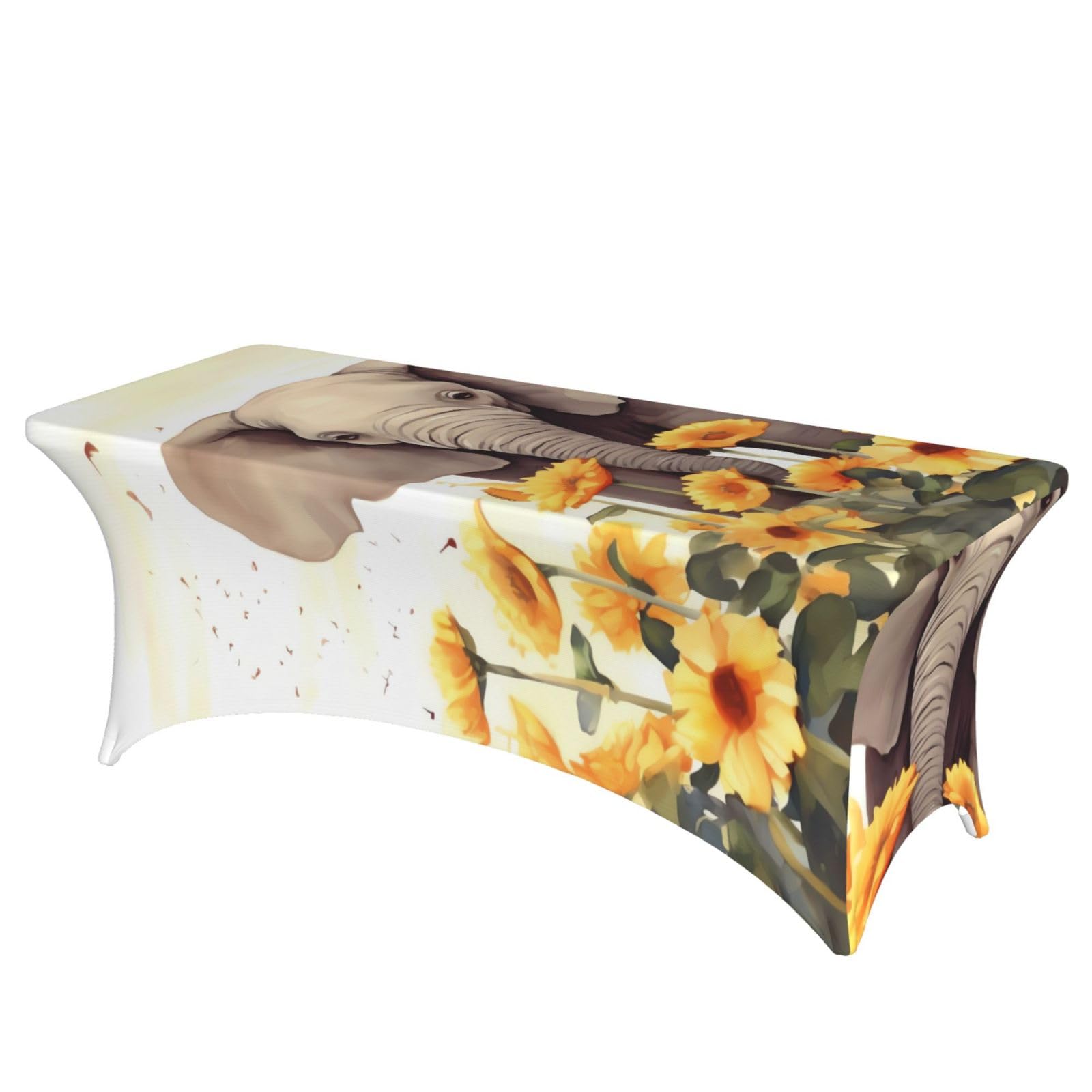 DWVTSLH 6FT Spandex Table Covers for Rectangle Tables, Wrinkle Resistant Stretch Tablecloths, Ultimate Fitted Tables Protector, Elephant and Sunflower Table Cloth for Party, Wedding, Banquet