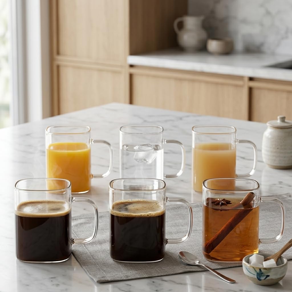 Deconox 6 Adet Kare Cam Kupa Seti - Kulplu Isıya Dayanıklı Çay, Kahve, Espresso ve Meşrubat Bardağı Takımı (230 ml)