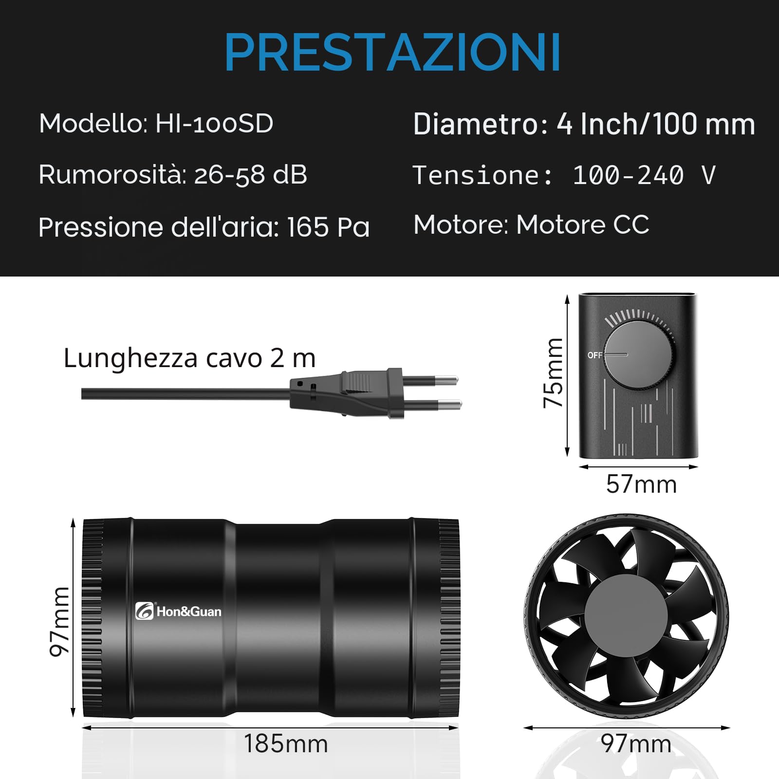 Hon&Guan 100 mm, 221 m³/h Ventilatore tubolare regolabile, ventilatore di scarico con spina regolatore di aggiornamento, per bagno, giardino d'inverno, serra, cantina, garage, cucina, nero