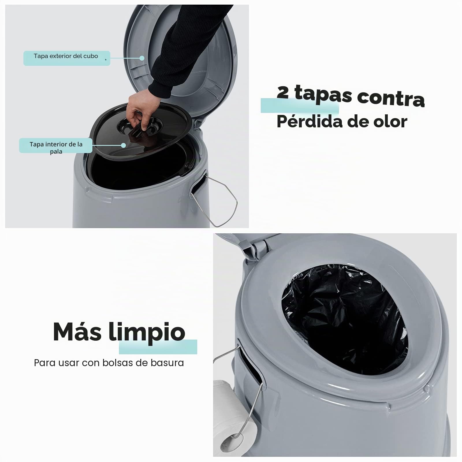 RELAX4LIFE Inodoro Portátil para Camping 5L con Cubo Interior Extraíble y Portarrollos de Papel Higiénico, Inodoro de Viaje de PP con Asiento y Tapa, Carga 200kg, Ligero para Camping y Viajes, Gris