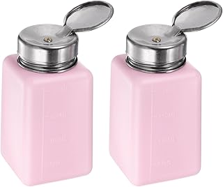HARFINGTON 2pcs Solvent Alcohol Dispensers 200ml(6.8oz) Push Down Liquid Dispenser Pump Bottle with Sealing Stainless Steel Lid for Acetone Cleanser Polish Remover, Pink