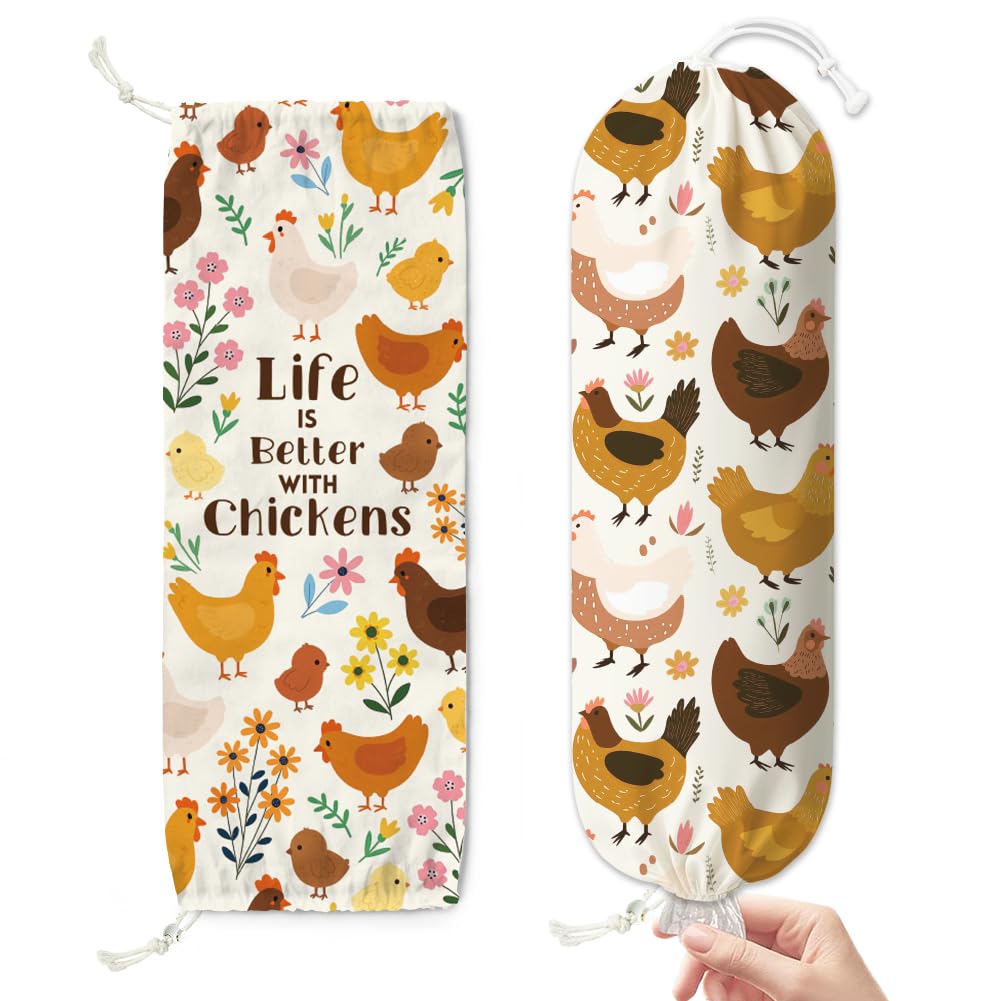 Doodlream 2 Pcs Chicken Plastic Bag Holder, Hanging Grocery Bag Organizer with Drawstring Bottom, 58.5 x 23 cm Large Storage Bags Dispenser Canvas Reusable Washable Space Saving