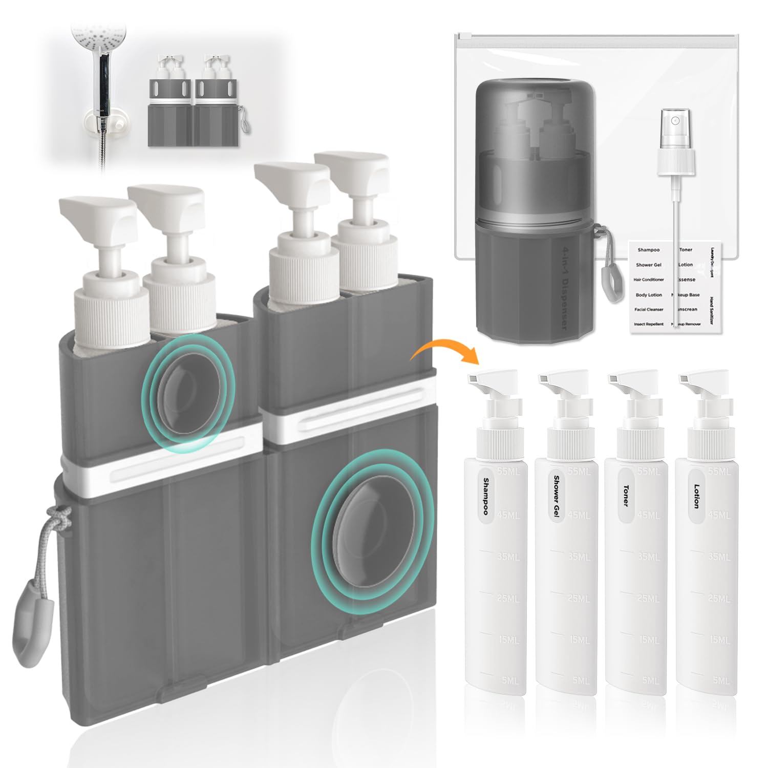 VOGOGE Travel Bottles for Toiletries, TSA Approved Travel Shampoo and Conditioner Bottles with Suction Cups, Gray