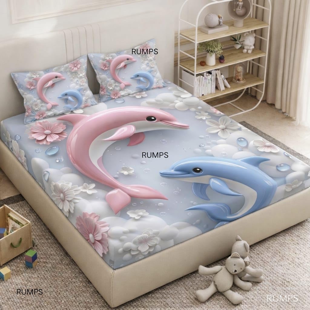RUMPS 7D Digital Dolphin Bedsheet with 2 Pillow Covers, King Size Flat Bedsheet 90x100 Inch, Cute Cartoon Dolphin Printed Bedsheet