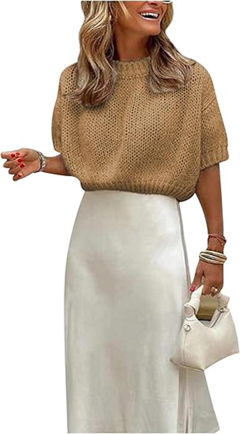 Melliflo Womens Short Puff Sleeve Sweater Crewneck Solid Cropped Sweater Knit Shirt Top Casual Loose Fit Pullover Sweaters