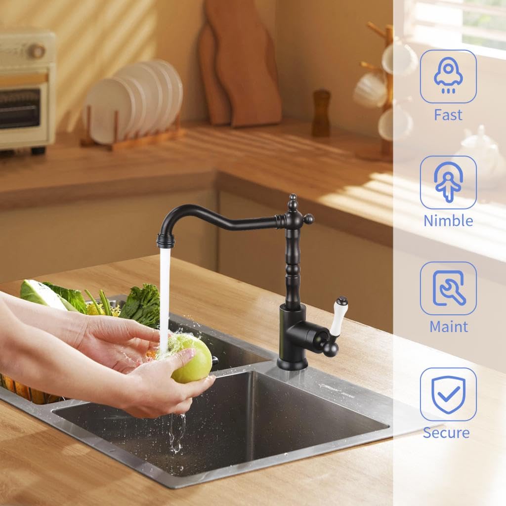 Wasserhahn Küche Schwarz Retro,Hoch Küchenarmatur 360° Drehbarer,Waschtischarmatur Antik aus Messing,Einhebelmischer Badezimmer Waschbecken