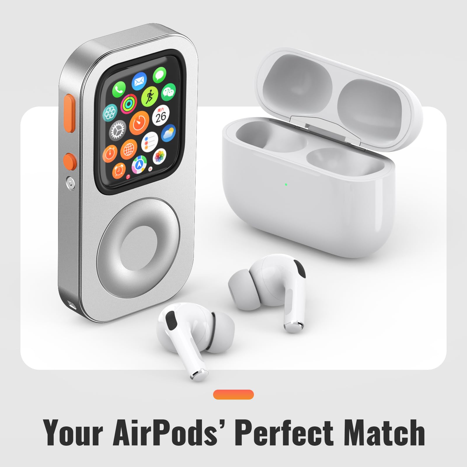 Coque de Protection en Alliage d'Aluminium Style Rétro iPod pour Apple Watch Series 7/8/9, avec Molette de Clic, Kit Music Player Compatible avec AirPods, pour iWatch 45 mm