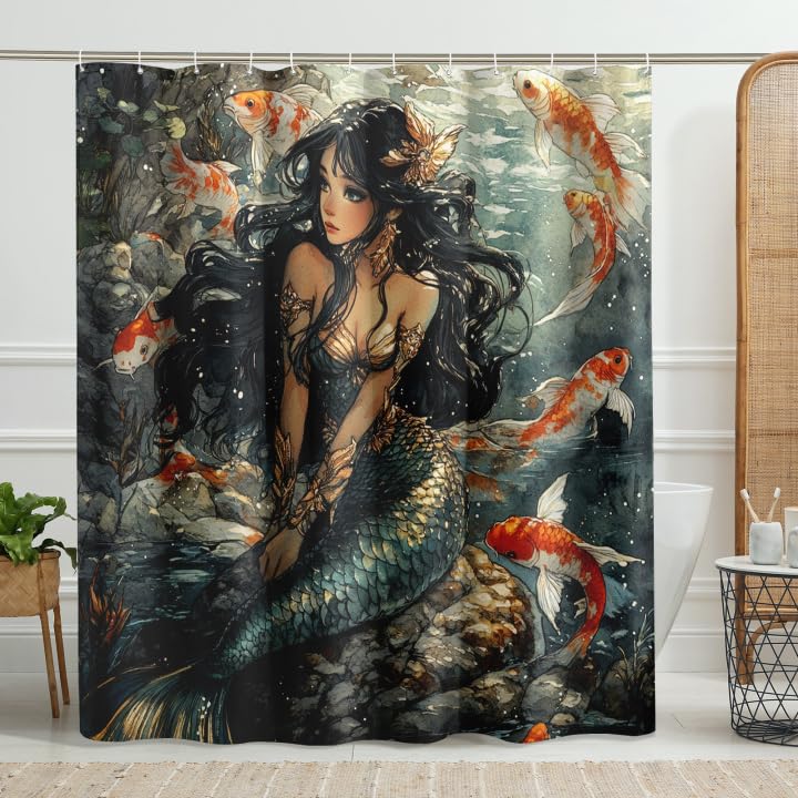 Mermaid Shower Curtain, Aqua Blue and Gold Fish Bathroom Decor, Summer Themed Ocean Style Waterproof Fabric Shower Curtain Set with Hooks 72x72 Inch