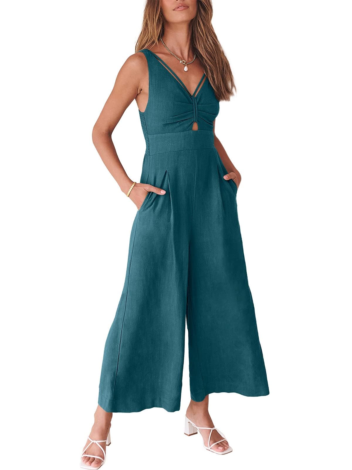 ANRABESS Women's Summer Wide Leg Linen Jumpsuits Dressy V Neck Sleeveless Casual Pants Rompers 2024 Vacation Beach Outfits