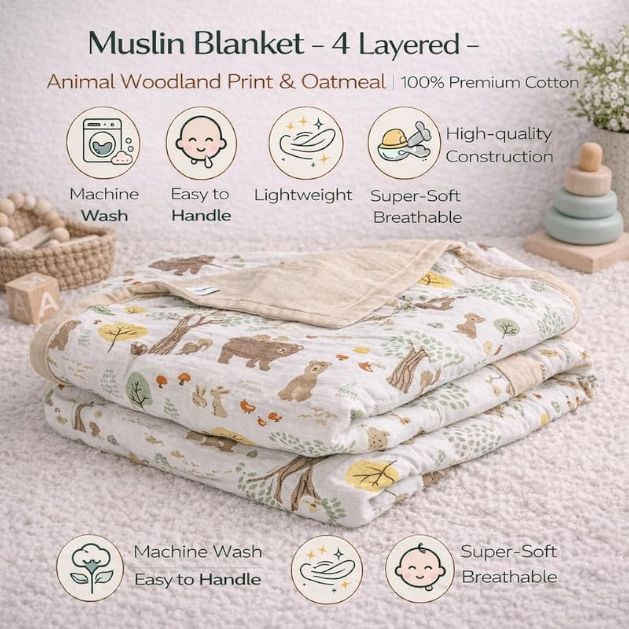 Muslin Baby Blanket, 4 Layer 100% Cotton Swaddle
