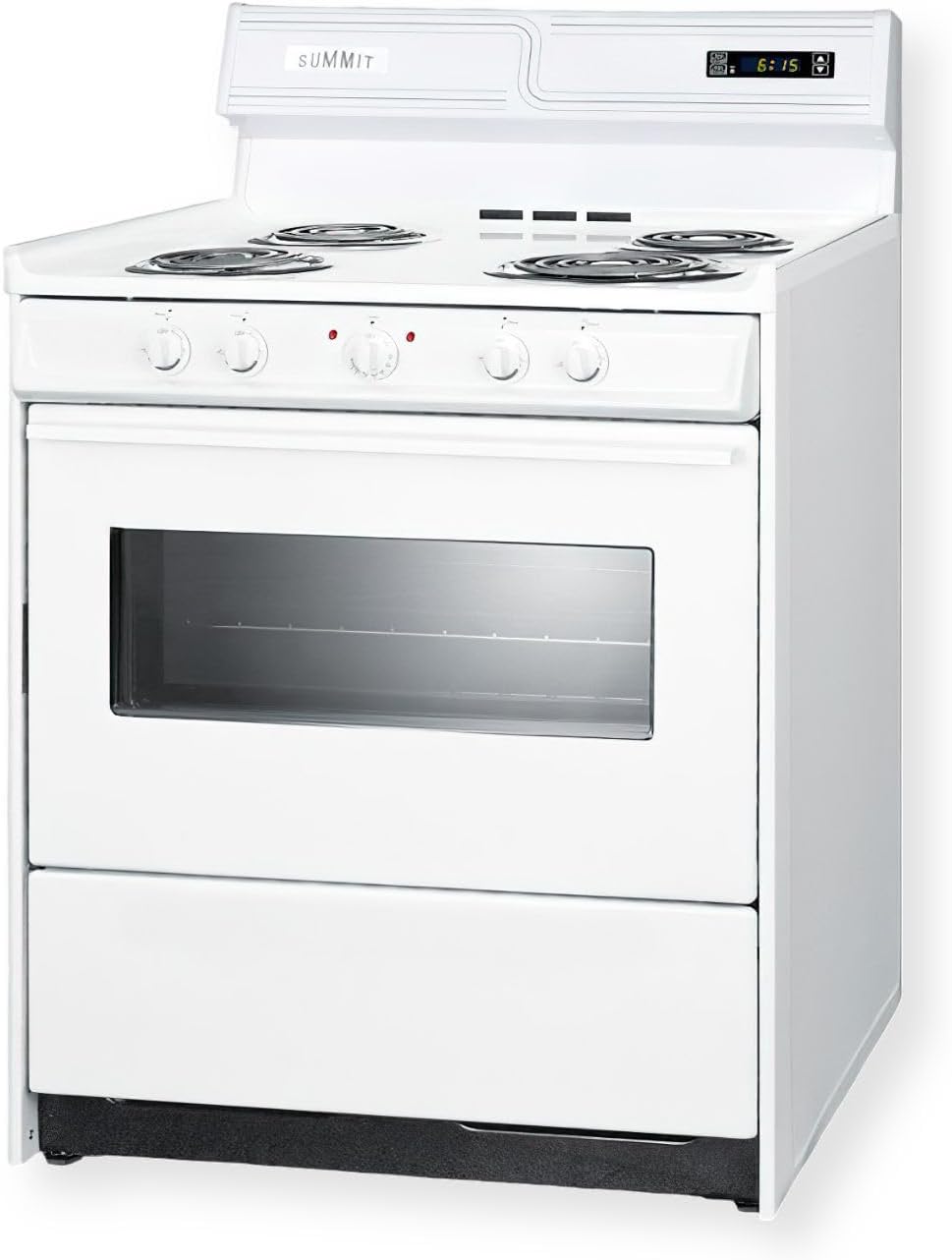 Summit Appliance WEM230KW 30" Wide Electric Coil Top Range, White; Upfront Controls; 4 Coil Elements; Push-to-turn Knobs; Indicator Lights; 3.7 cu.ft Oven; Digital Clock and Timer; Cord Not Included