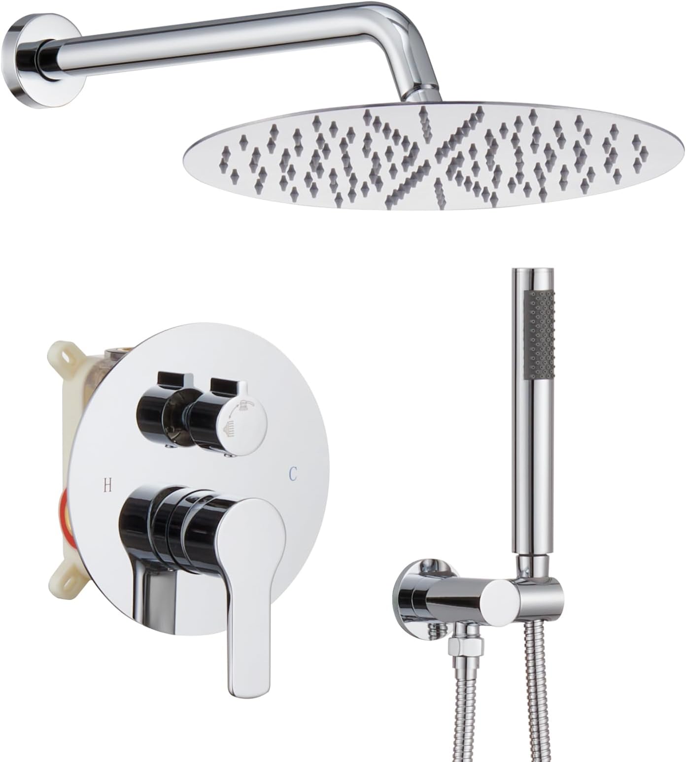 Iriber Chrome Shower System Wall Mounted Shower Faucet Mixer Set with 12 Inches Round Rain Shower head and Handheld, Bathroom Rainfall Polished Chrome Shower Trim Kit Contain Valve