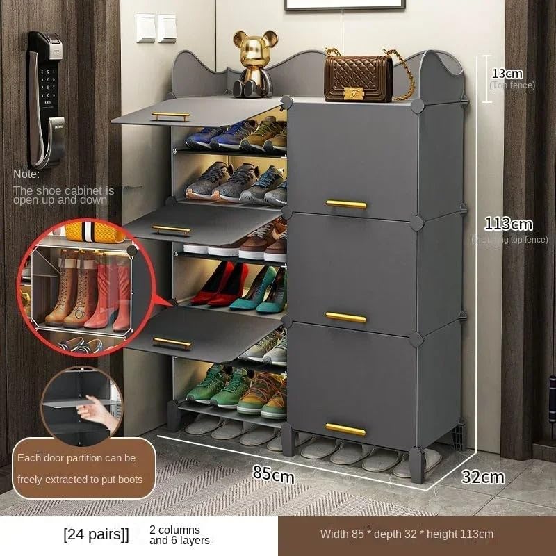 Image of Plastic Shoe Rack for Home | 𝟏𝟐 𝐒𝐡𝐞𝐥𝐟 DIY Shoe Rack with Door Magnets for Home Storage Plastic Box Organizer, Metal Door Frame, Chappal Slipper Sandals Stand (Grey,6-Door)