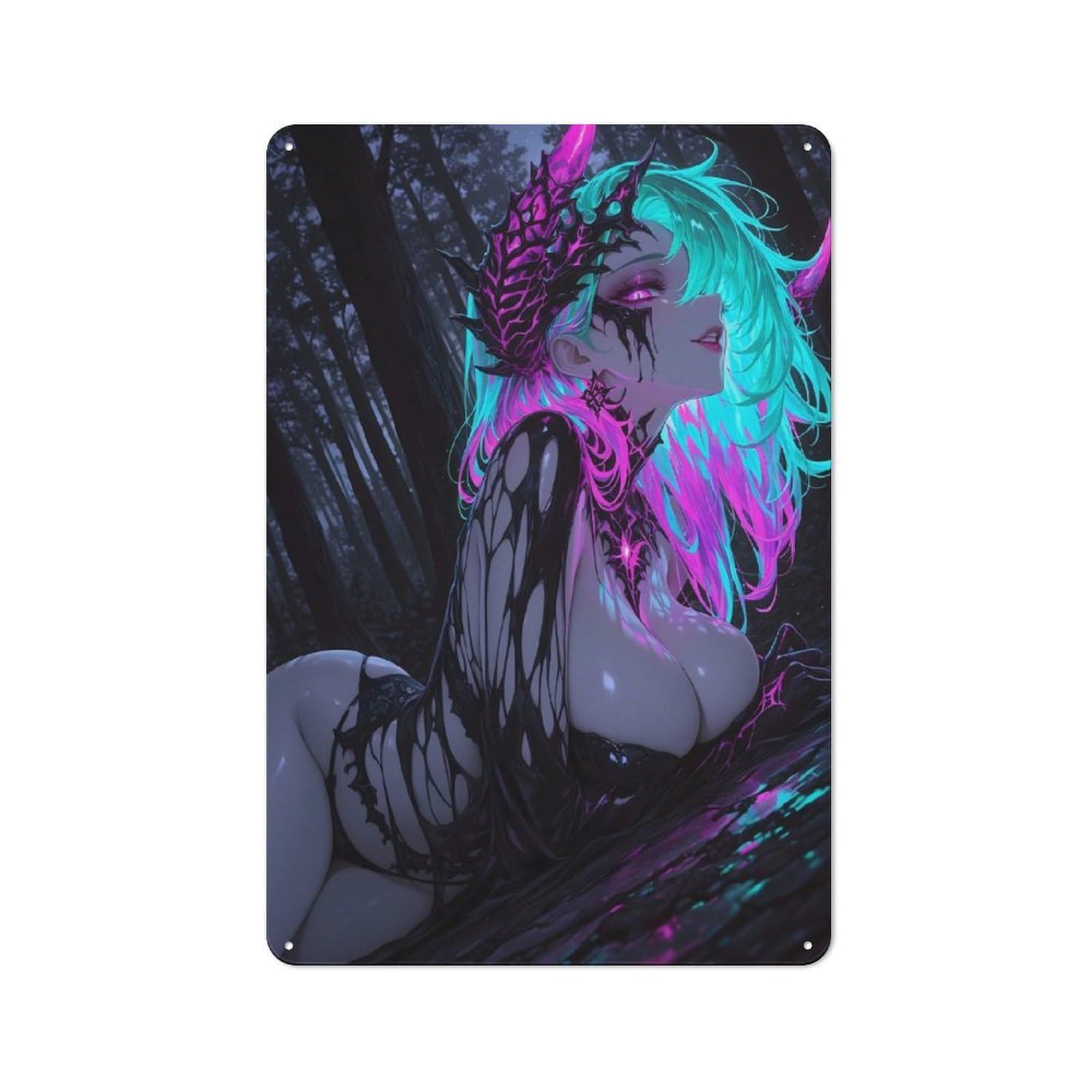 Nostalgic Decorative Tin Plaque 30x20cm Featuring Neon Demon Girl in Dark Forest, Classic Pub Decor for Cafe, Pub, Workshop Or Home Bar