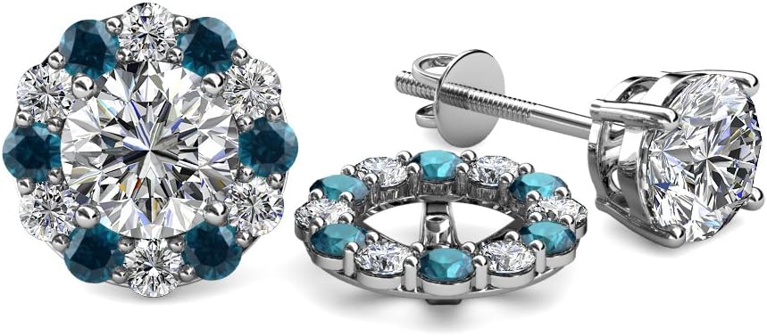Blue & White Natural Diamond 0.72 ctw Women Halo Jackets for Stud Earrings 14K White Gold