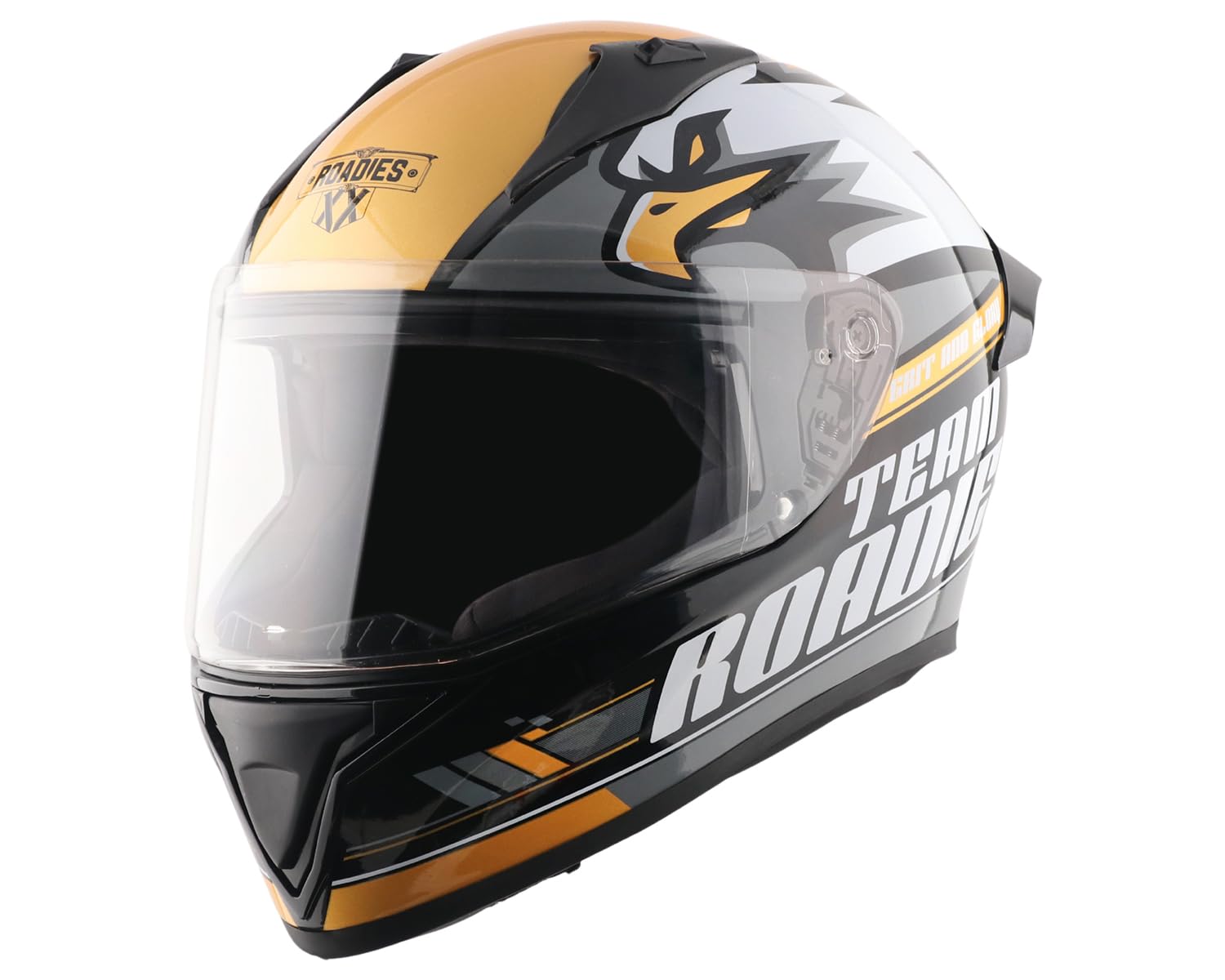 Vega Bolt Roadies Grit & Glory Full Face Helmet – High-Impact ABS Shell, Aerodynamic Design, Dynamic Graphic Finish Black Gold – M-image-24