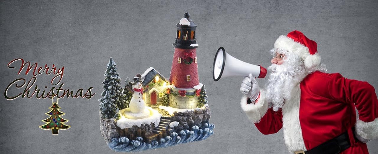 Lightahead Christmas Scene LED Lighted Lighthouse with Turning Snowman Figurine, A Musical Decoration with 8 melodies