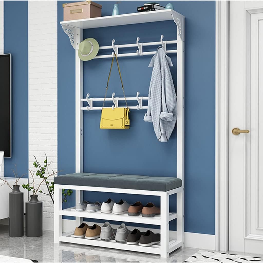 Entryway Hallway Storage Shoe Cabinet，Coat Stand，Coat Rack Stand Hall Tree with Shoe Bench Free Standing 8 Hooks Entryway Storage Shelf Metal Frame Hanger for Hallway Bedroom (Color : White,