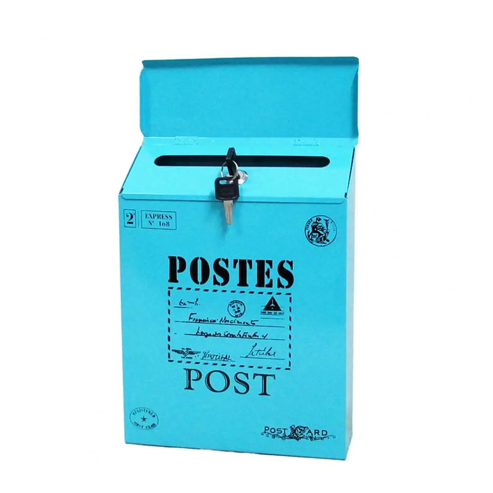 Post Box Iron Suggestion Box Rustic Style Wall Mounted Mailbox with Locking Secure Vibrant for Workplace(Blue A)