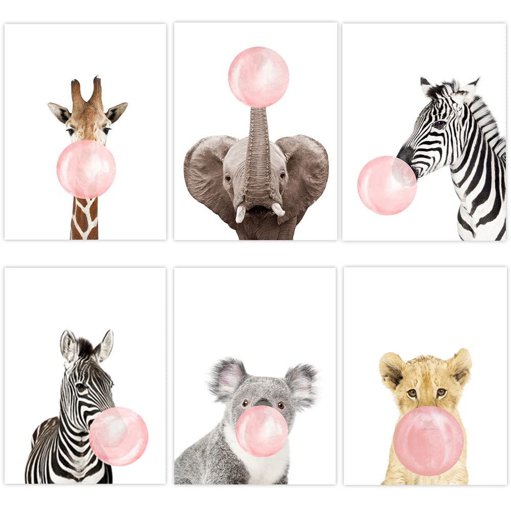 Youihom 6 Cuadros Infantiles Animales con Chicle Rosa Laminas Decorativas Pared Infantil Poster Niñas Habitacion Cuadros en Lienzo Bebe 21 x 30 cm sin Marco