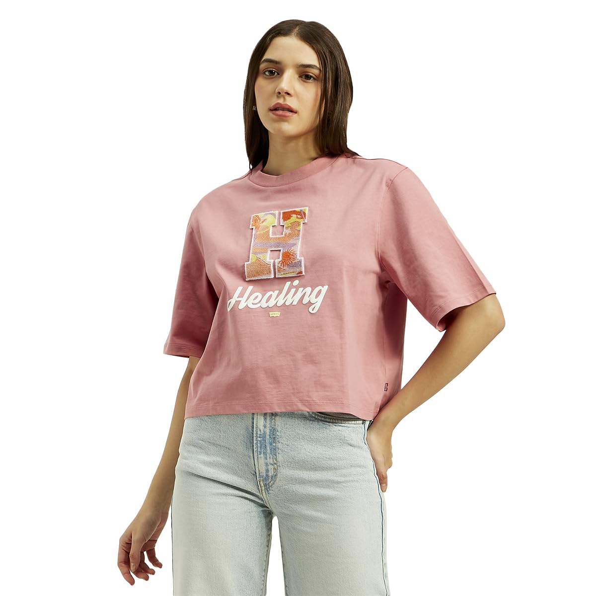 Levi's Women Cotton Relaxed Fit Typographic Print Boxy T-Shirt in neutral