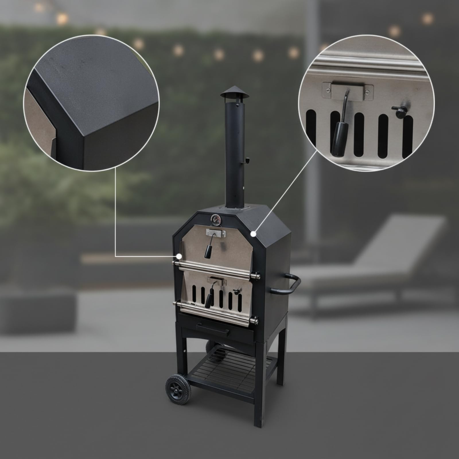 Barbecue a Carbone Outdoor Griglia Affumicatore Forno Cottura Verticale Struttura in Metallo Acciaio Inossidabile con Manico Ruota Ripiano Adatto per Cortile Patio Picnic 66x52.5x158.5cm