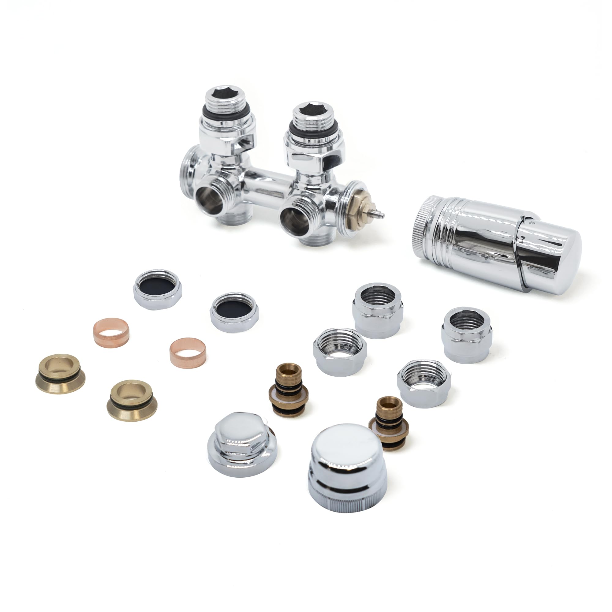 Vancoco Valvola Radiatore Angolare Valvole per Radiatori con Blocco H Connessioni Centrali da 50 mm Universale Valvola Radiatore Con Testa Termostatica Valvola per Termosifone Cromo