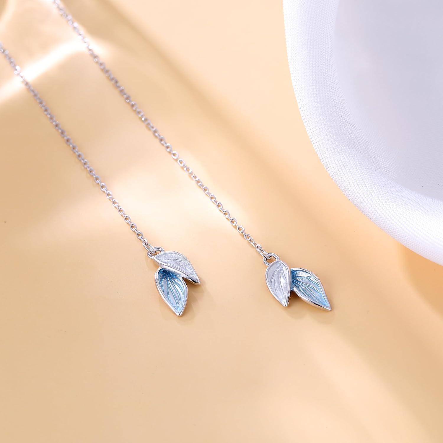 Reffeer Solid 925 Sterling Silver Leaf Chain Dangle Earrings for Women Teen Girls Leaf Dangle Drop Earrings Threader Tassel