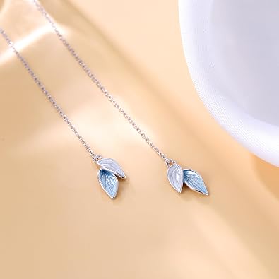 Reffeer Solid 925 Sterling Silver Leaf Chain Dangle Earrings for Women Teen Girls Leaf Dangle Drop Earrings Threader Tassel
