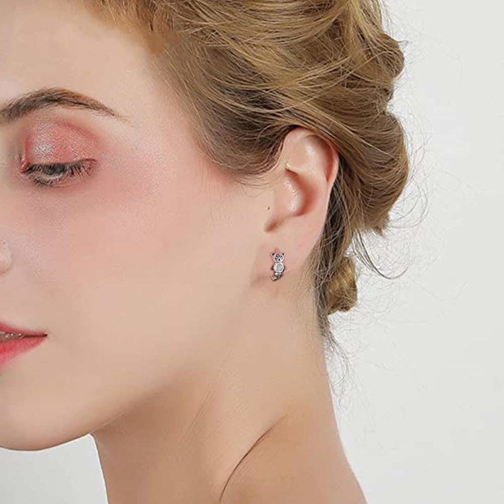 Tiny Panda CZ Cartilage Small Hoop Earrings for Women Little Cute Sterling Silver Plated Animal Mini Sleeper Huggie Hoops Hypoallergenic Round Cirlce Piercing Hooped Fashion Jewelry Gift - Image 5