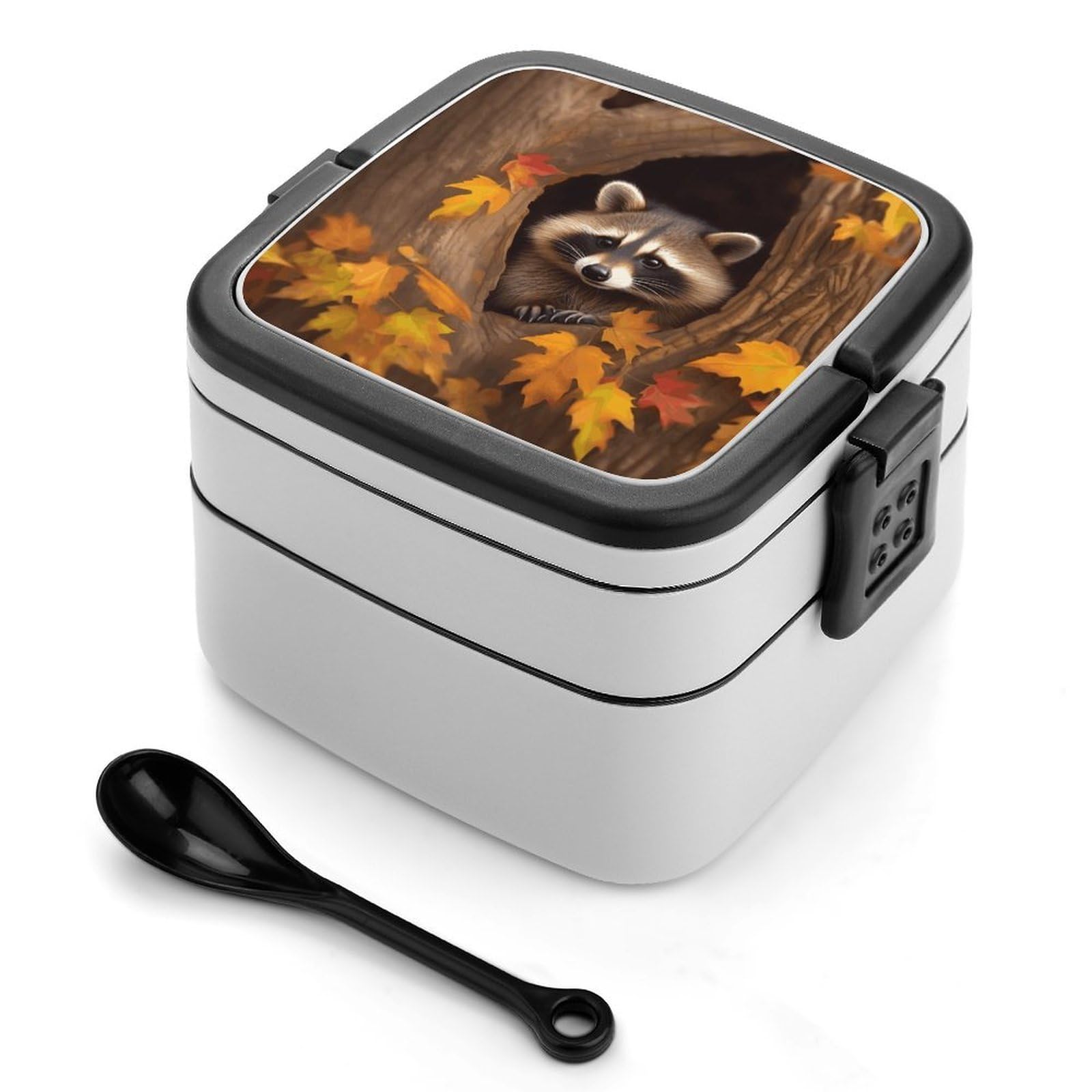 VstaDank Raccoon in The Fall Tree Hole Bento Box Portable Adult Lunch Box with 2 Layer&Spoon Reusable Insulated Lunchbox Large Food Containers Leak Proof Lunch Containers for Work Camping Meal Prep