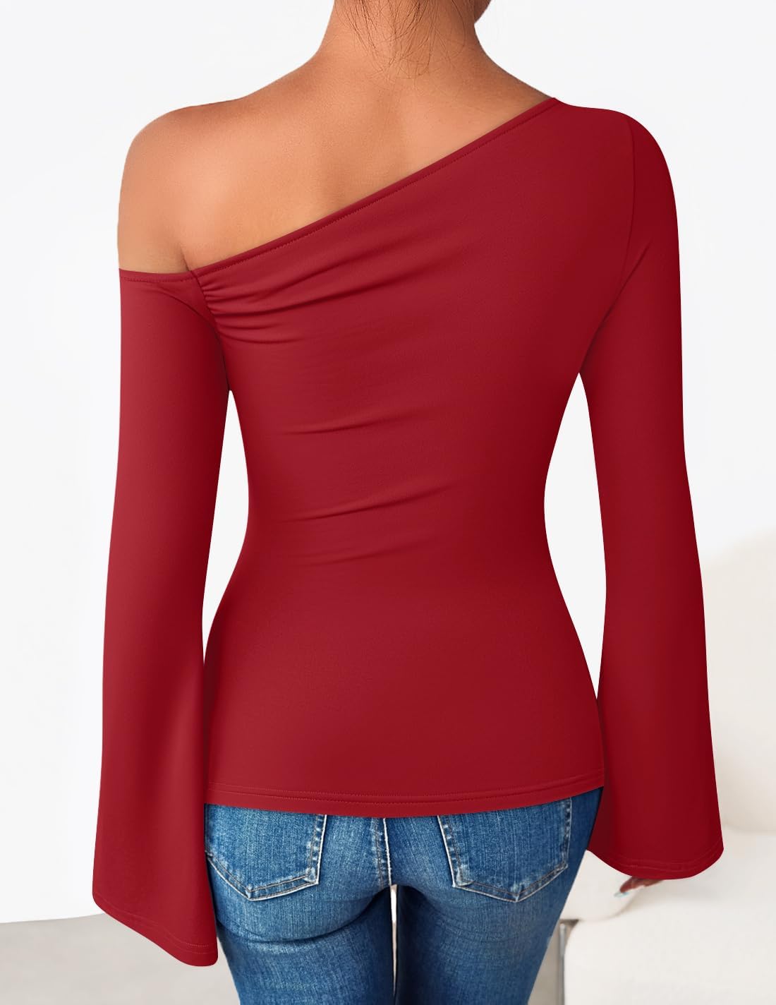 ZESICA Women's Off Shoulder Tops Bell Long Sleeve Shirts 2026 Spring Trendy Going Out Ruched Tight Fitted Y2K Clothes - Image 3