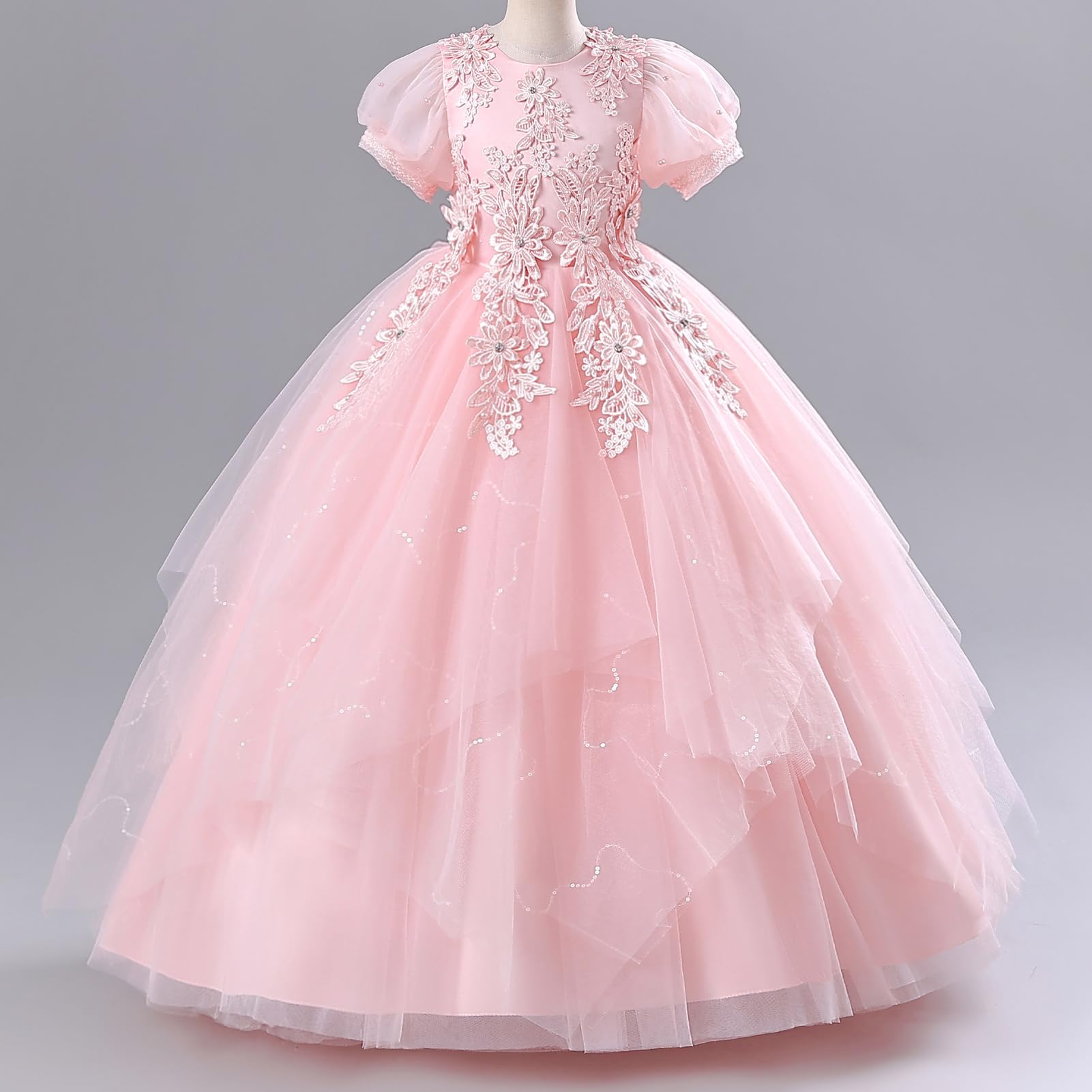 Blumenmädchen Kleid Floral Bestickt Kurze Ärmel Tüll Tutu Prinzessin Kleider Kind Mädchen Hochzeit Brautjungfer Geburtstag Erstkommunion Festzug Maxi Ballkleid 5-11 Jahre