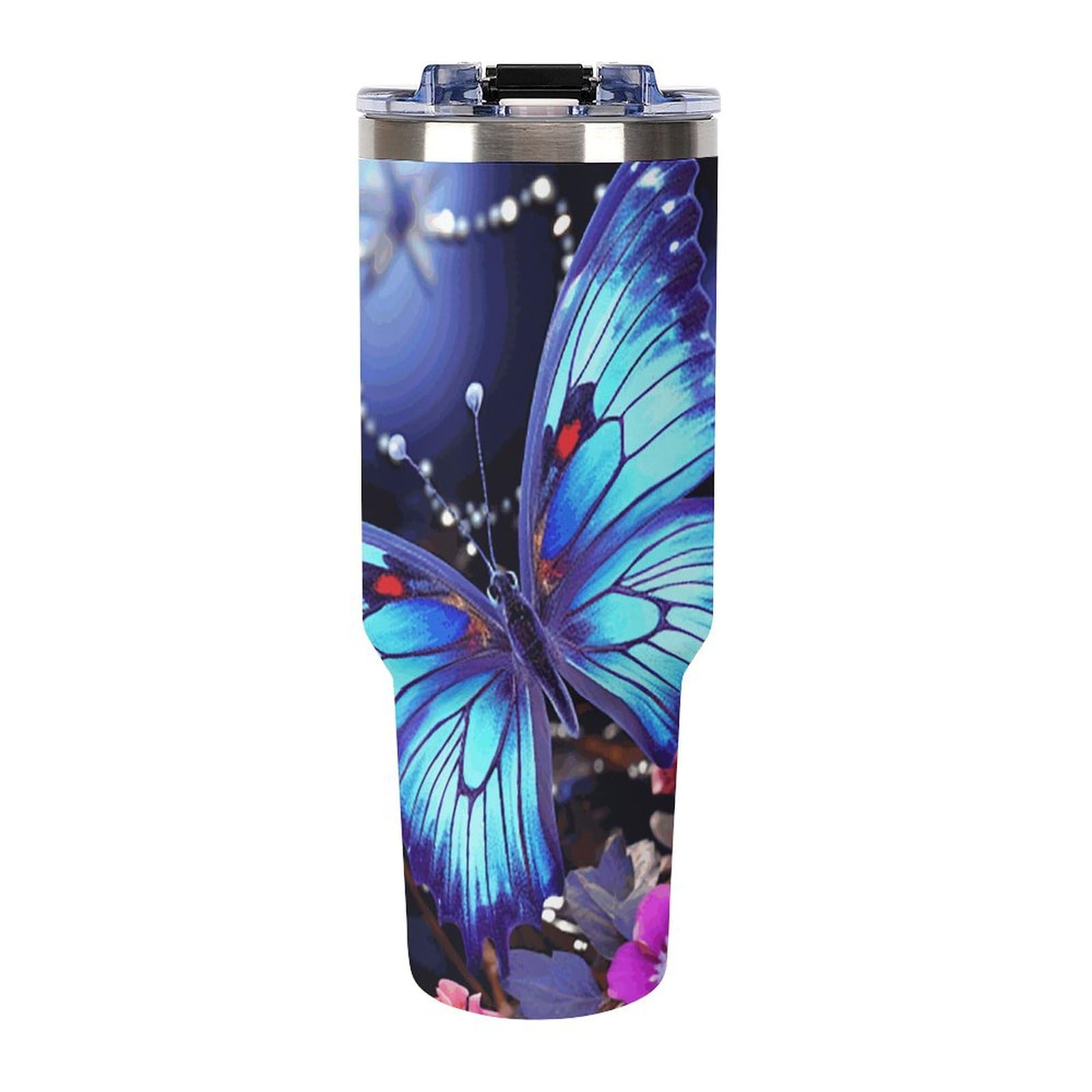 Edelstahl-Thermobecher mit Griff, 1,2 l, Motiv: Beauty Butterfly, Edelstahl, hitzebeständig, auslaufsicher, geeignet für Auto-Becherhalter