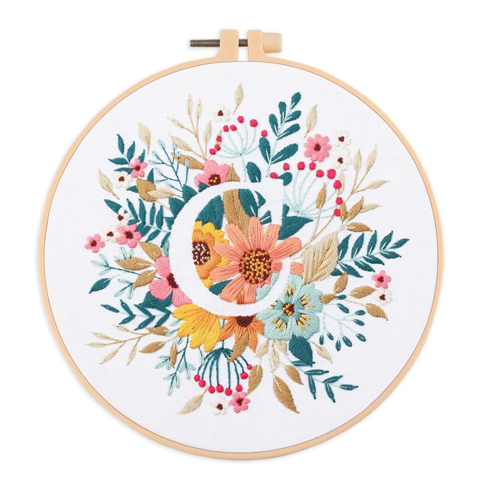 Cachpib Embroidery Kit for Beginners, Embroidery Starter Kits Stamped Cross Stitch Kit with Floral Letter Pattern, DIY Embroidery Kit with Embroidery Cloth Hoops Instructions Needles Threads, C