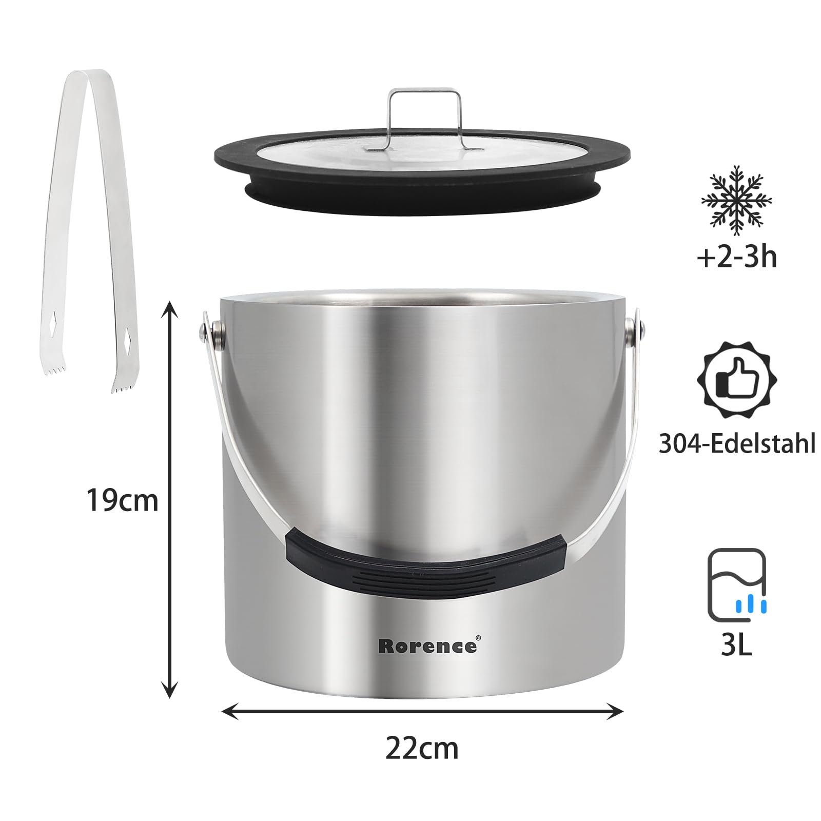 Seau à glace Rorence en acier inoxydable avec couvercle hermétique et pince à glaçons 2.8 L