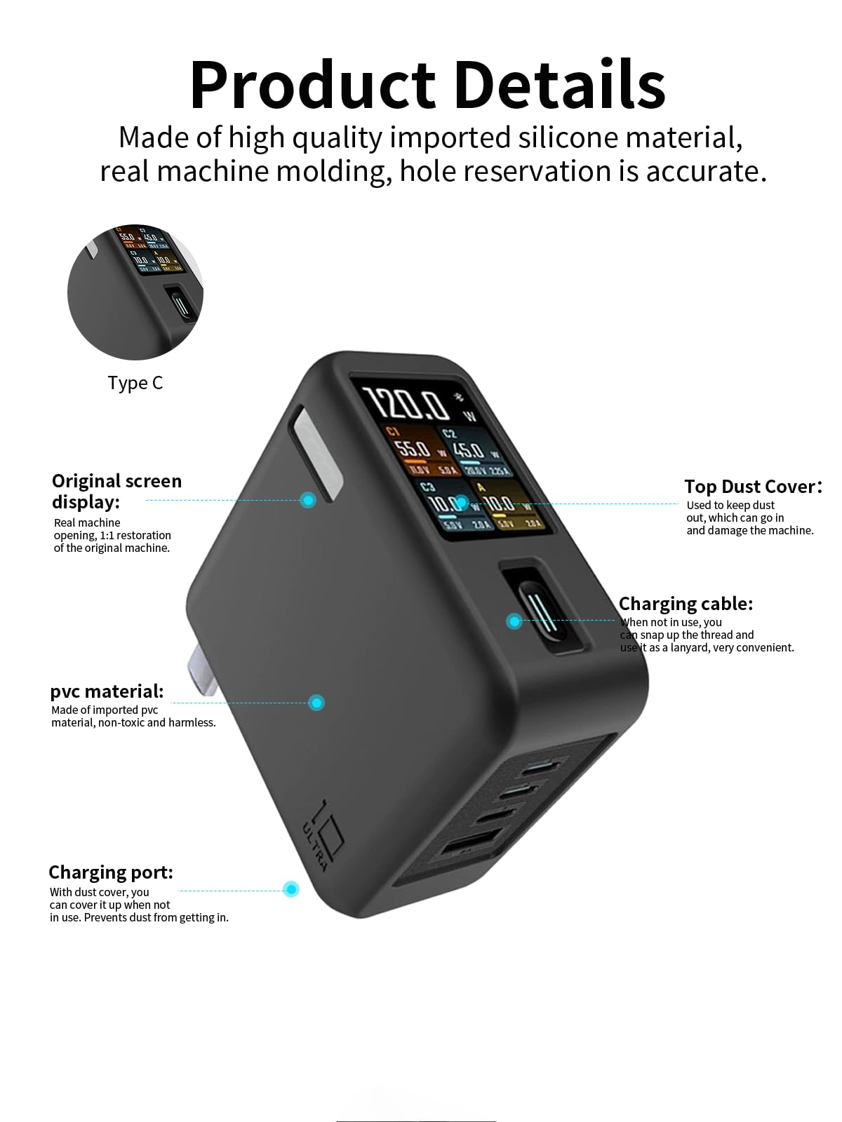 Silikonowe etui do Cuktech 10 Super Power Charger Ultra Power Bank, funkcja oświetlenia nocnego, odporne na zarysowania, uderzenia, tragba, czarne