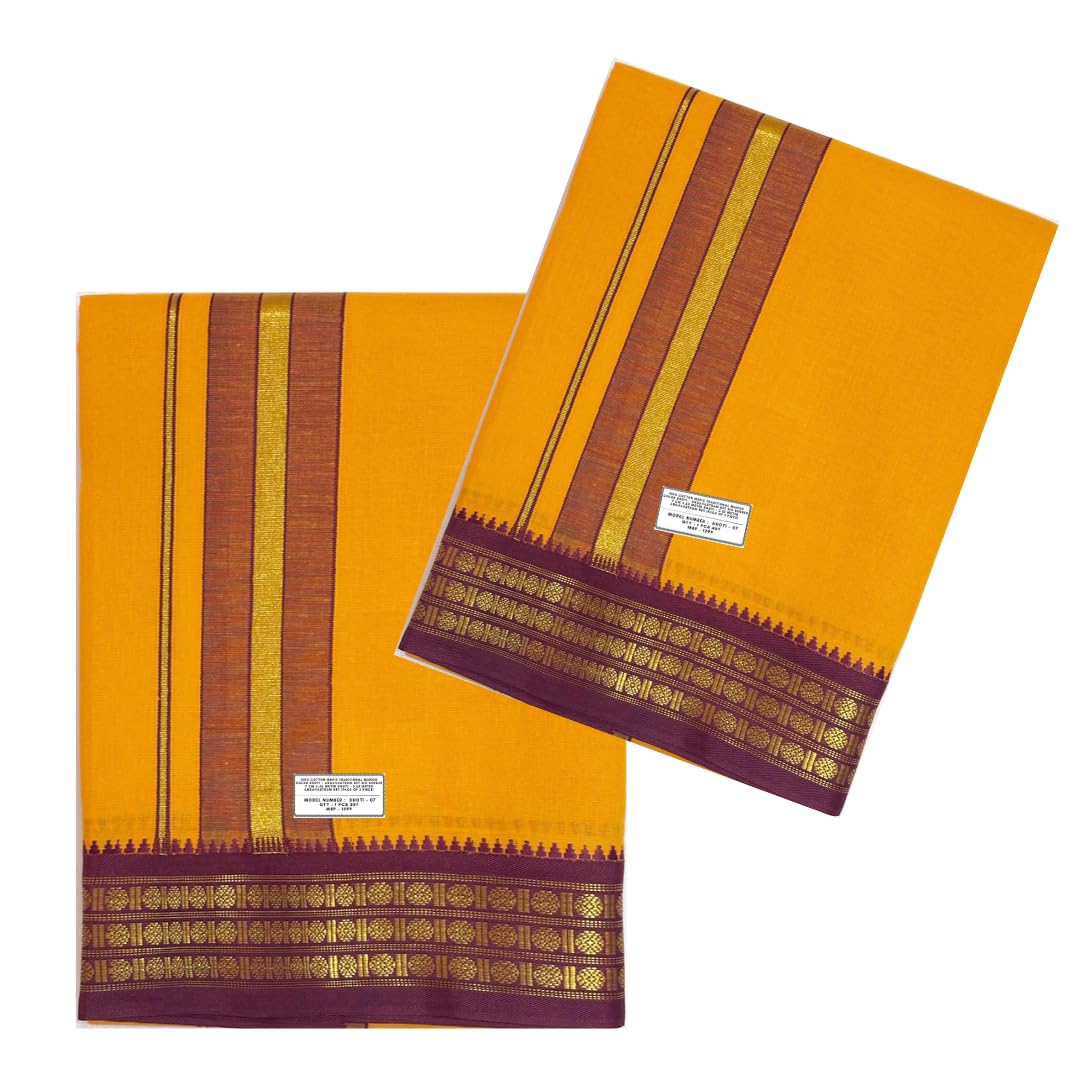 100% Cotton Men's Traditional Mango Color Dhoti + Angavastram Set Big Border 7 CM 4.50 Meter Dhoti + 2.25 Meter Angavastram Set (Pack of 2 Piece)-picture-42
