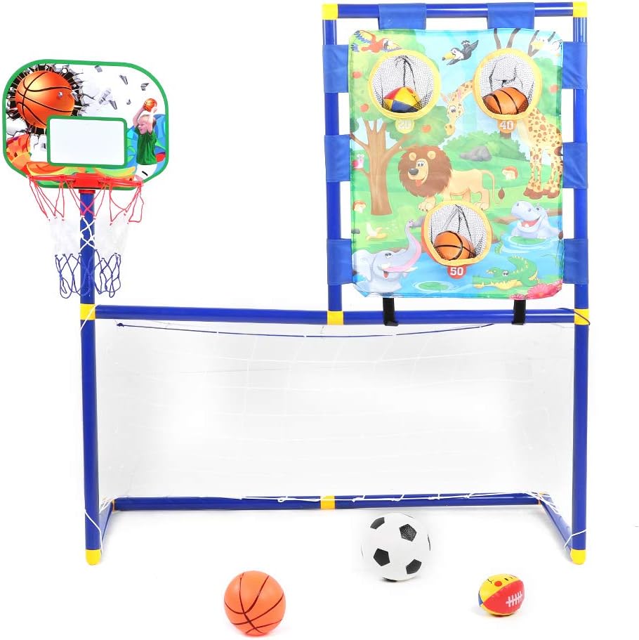 generic Soccer Kids Toy Set Kids Basketball Hoop Set Mini Outdoor Sports Ball Rack Soccer Goal Basketball Stand 3 in 1 Combination Multiplayer Practice Toy