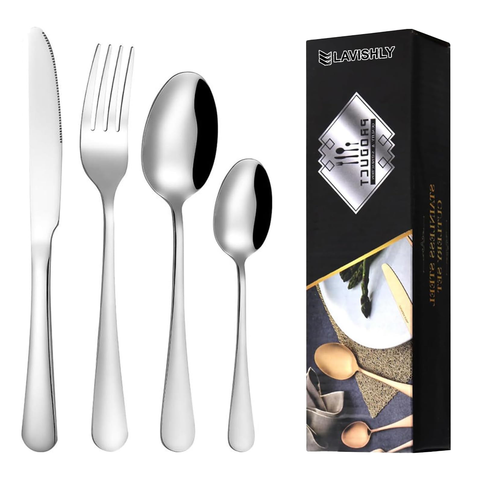 16-Piece Silver Stainless Steel Flatware Set, LAVISHLY Mirror Polished Cutlery for 4 People, Durable & Dishwasher Safe Tableware