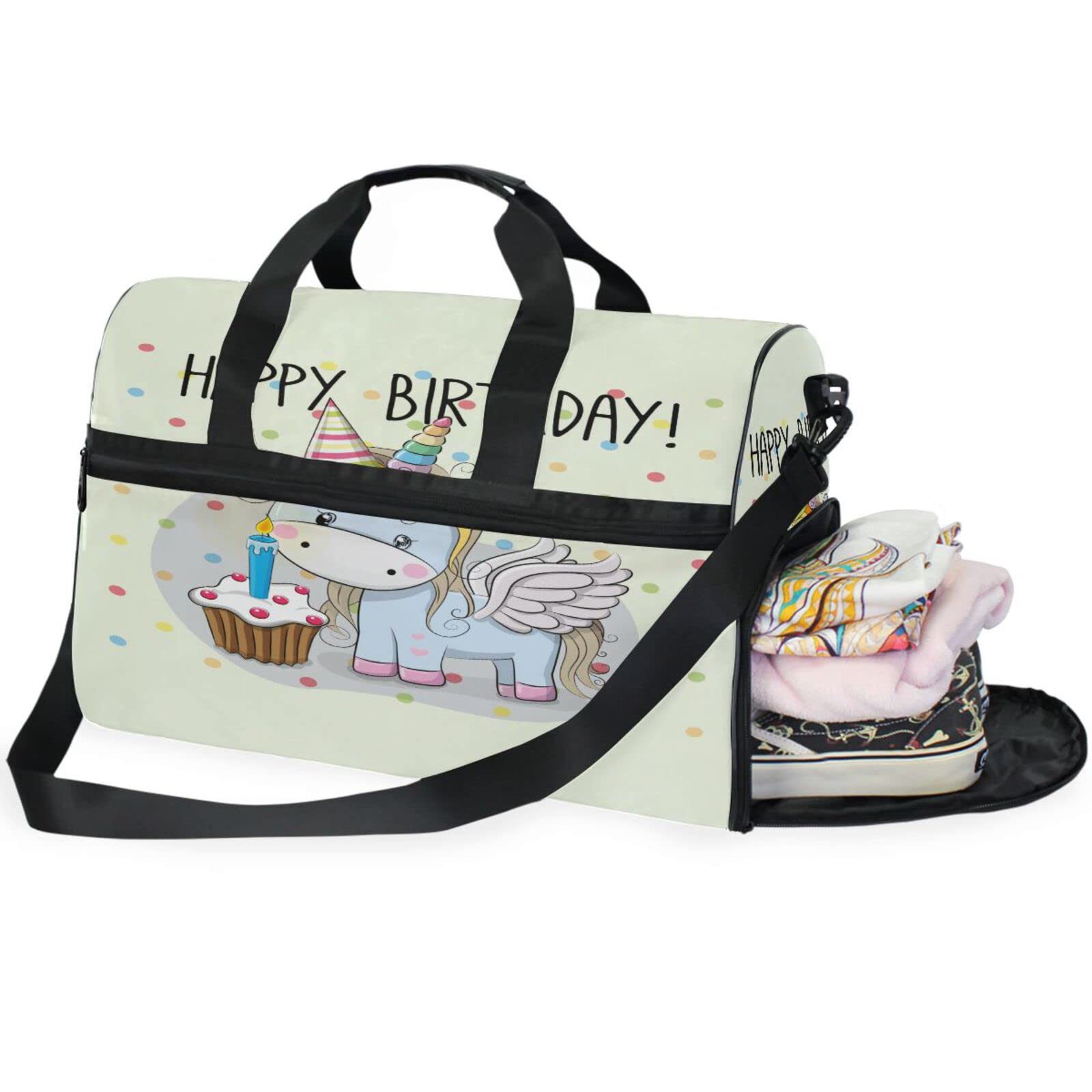 Kuchen Geburtstag Einhorn Süß Sporttasche Badetasche mit Schuhfach Reisetaschen Handtasche für Reisen Frauen Mädchen Männer
