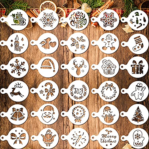 Vesici 30 Pieces Christmas Cookie Stencils Templates Decorations Christmas Coffee Baking Painting Mold Tools Plastic Cookie Coffee Decorating Stencils Reusable Xmas Baking Tools for DIY