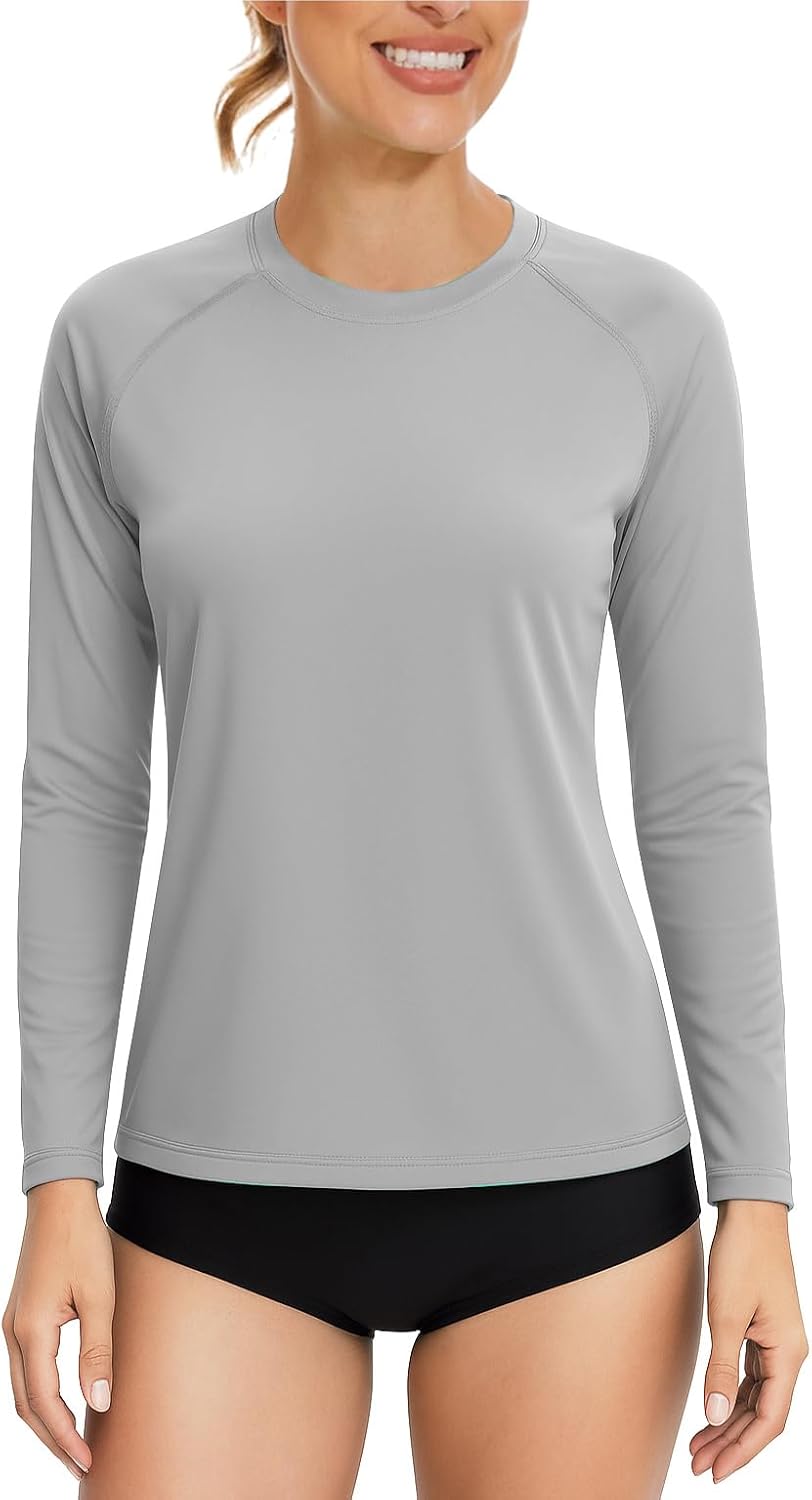 KINGFEN Women's UPF 50+ Quick Dry Crewneck Tops Rash Guard Long Sleeve UV Sun Protection Shirt