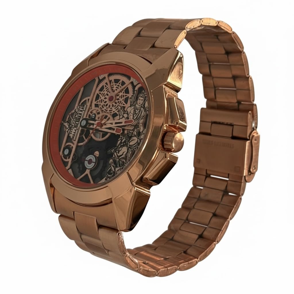 Shree Ram Skeleton Watch, Ayodhya Mandir Theme, Mechanical Look Quartz, Stainless Steel Metal Bracelet, Round Dial with Deity Engraving for Man and Boyes