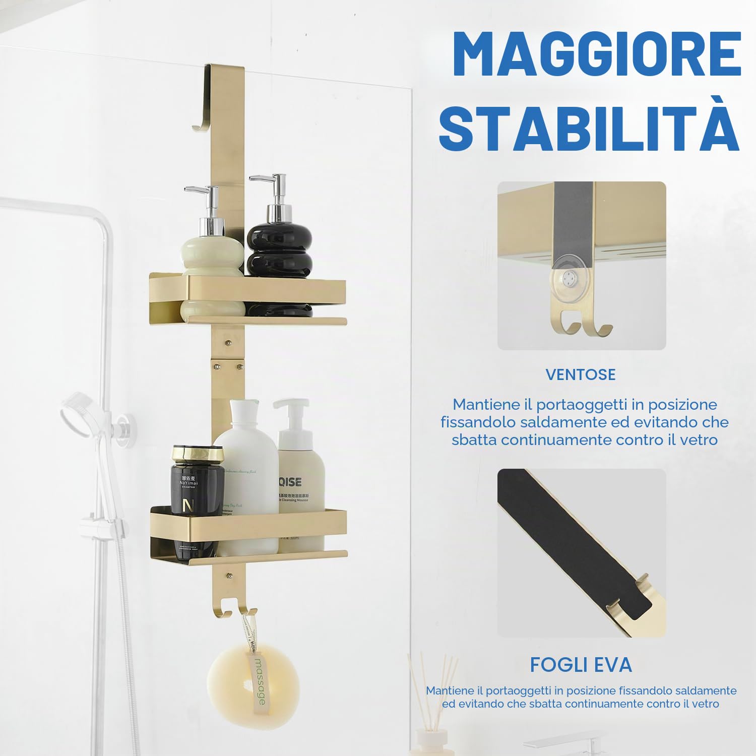 Mensola da Doccia SUS304 per Appendere Oro Mensola da Doccia Senza Foratura in Acciaio Inox per Shampoo e Gel Doccia