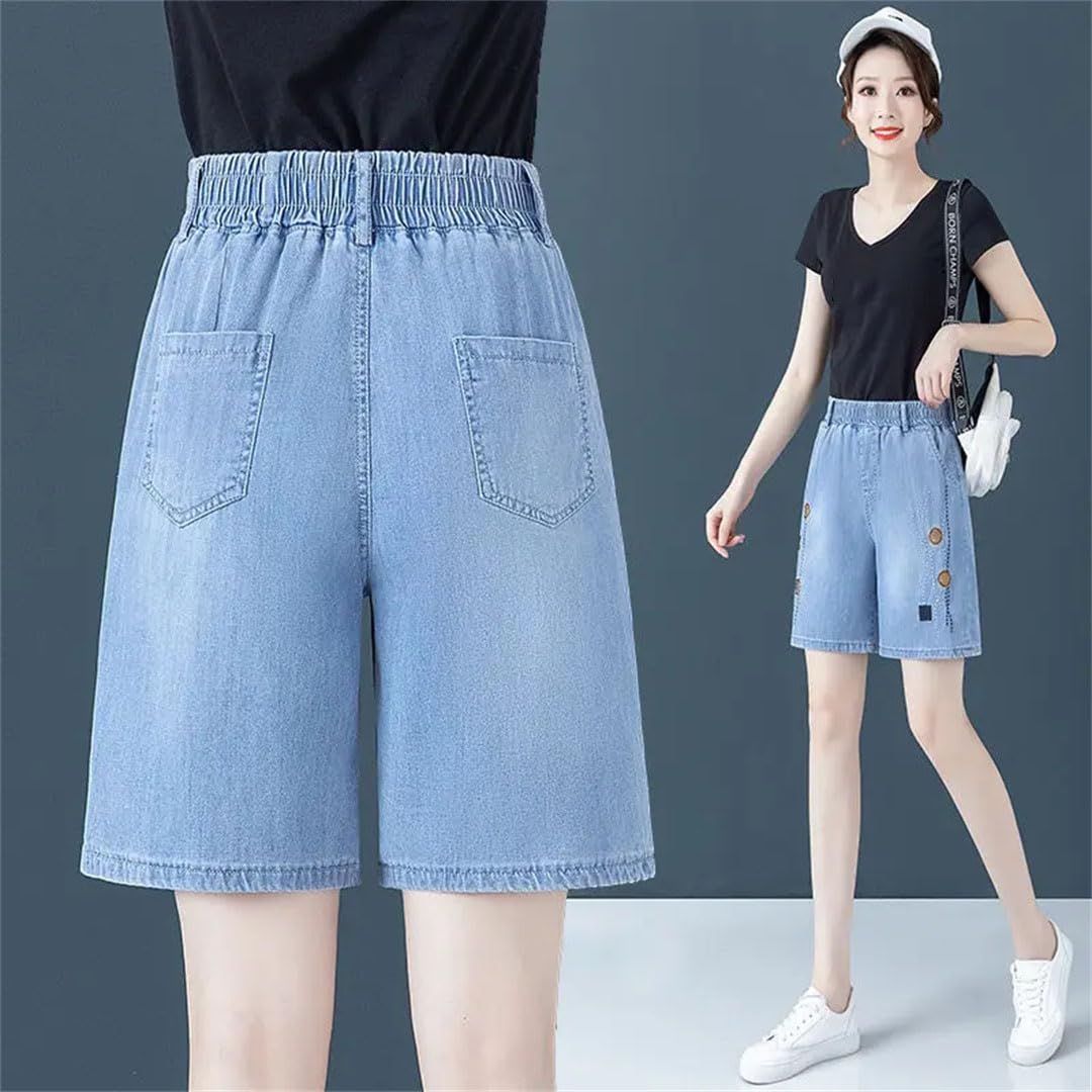 Damskie cienkie dżinsy dopasowane haftowane szorty z elastyczną talią vintage kieszeń luźna talia elastyczne spodnie, 8802-1, XL
