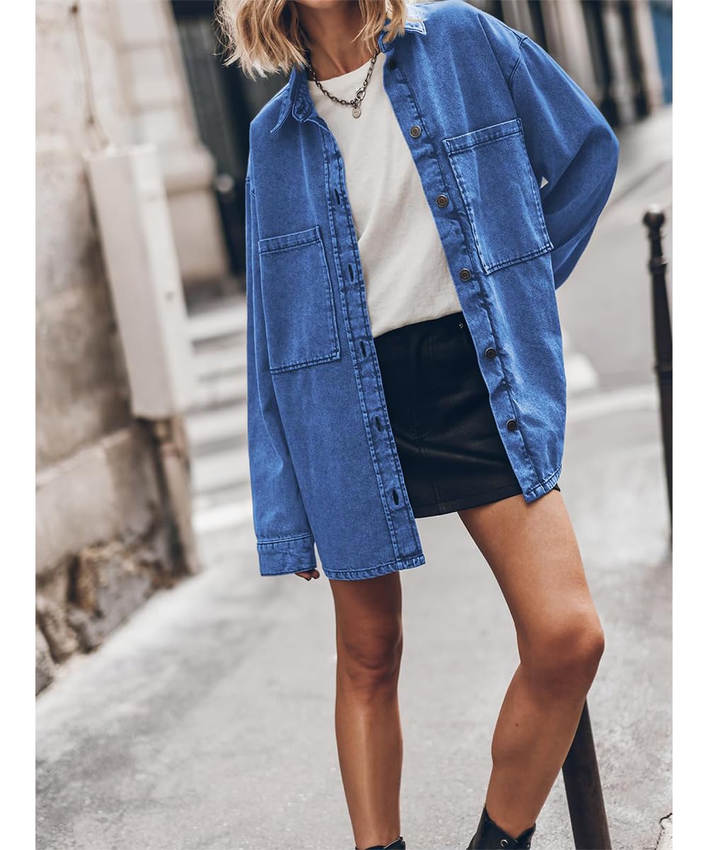 Las Mujeres botón Abajo Camisas de Mezclilla Chambray Camisa Casual Cuello Blusa Manga Larga V Cuello Tops con Bolsillos