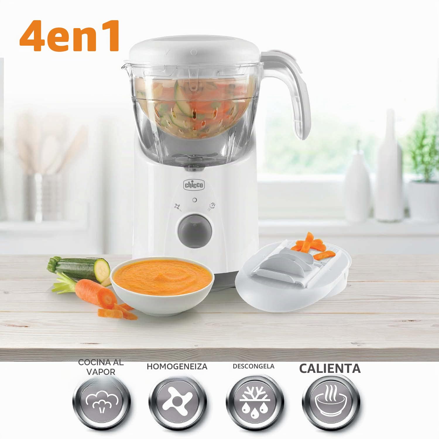 Chicco Easy Meal, Robot Cocina Bebé Multifunción para Destete, Mezclador de Alimentos y Calentador de Comida para Bebés y Niños con Cocción a Vapor, Ralla, Mezcla, Tritura, Calienta y Descongela